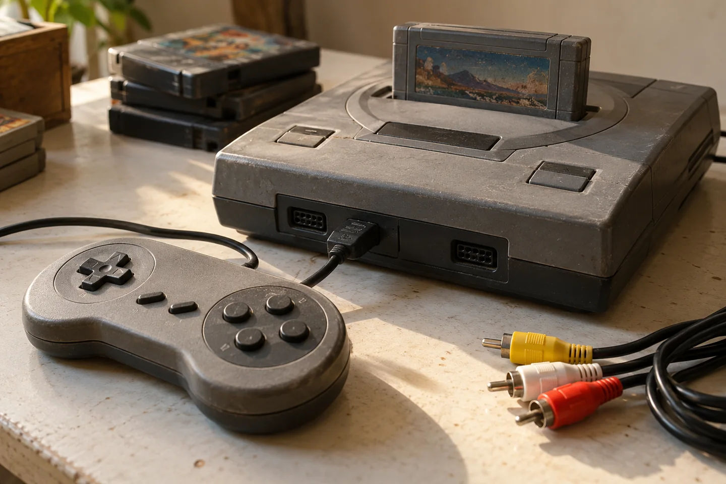 Pormenor de uma consola retro e dos respetivos conectores numa bancada.