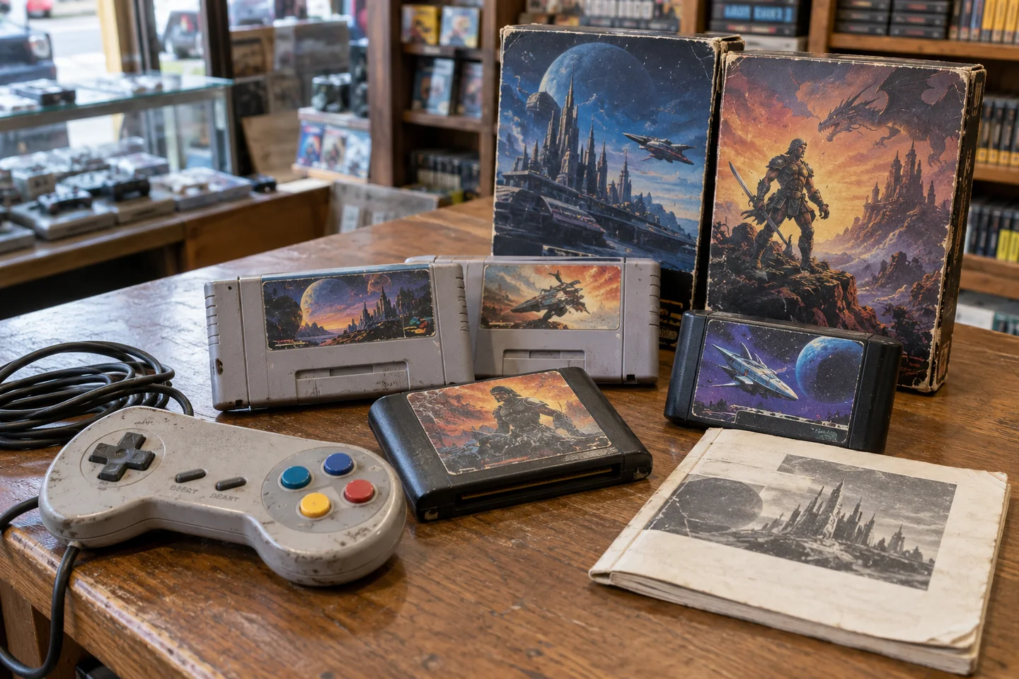 Cartuchos, caixas e manual de jogos retro sobre uma mesa
